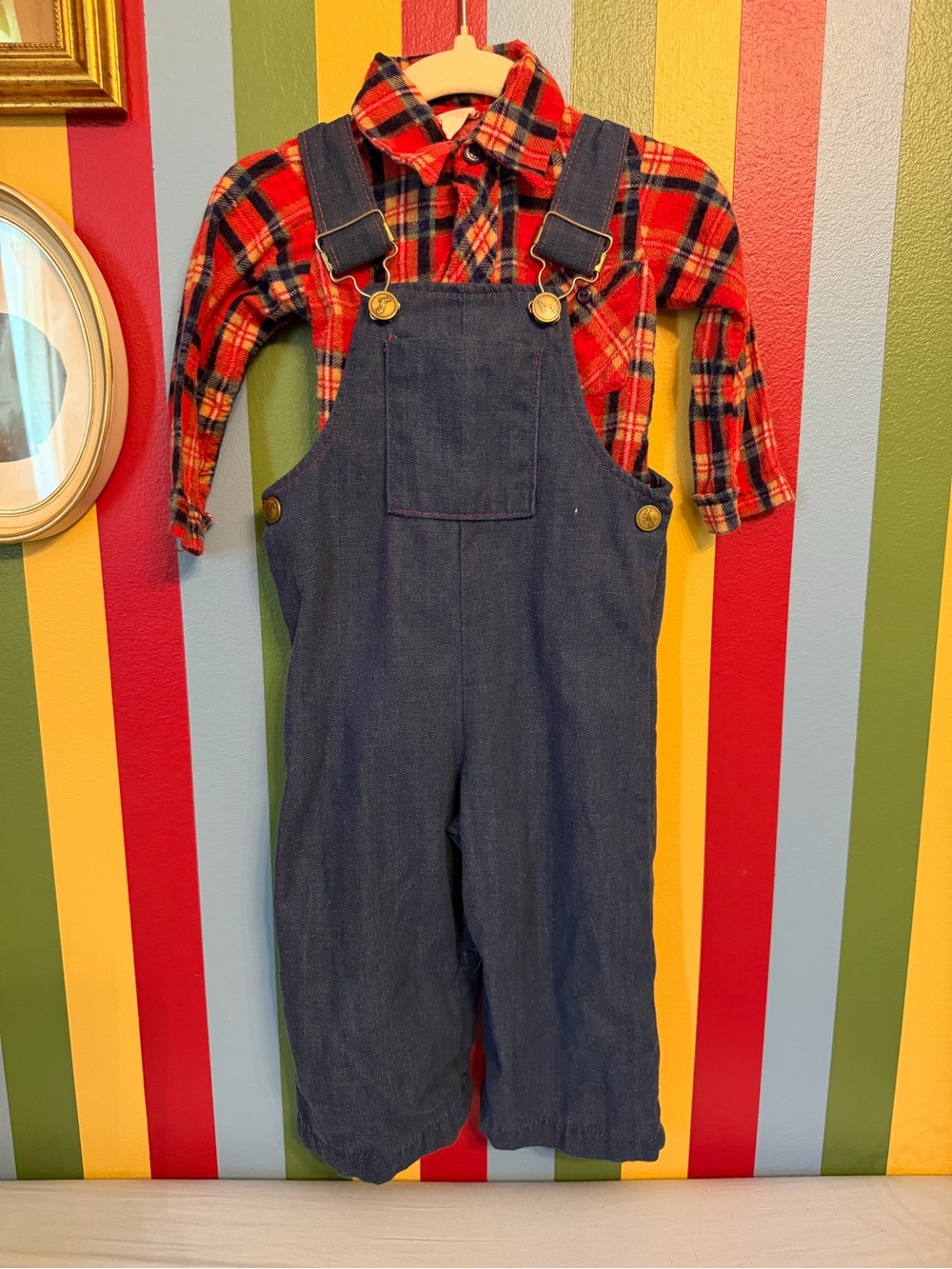 Vintage 1980’s Buster Brown Denim Overalls with Red Plaid Shirt
